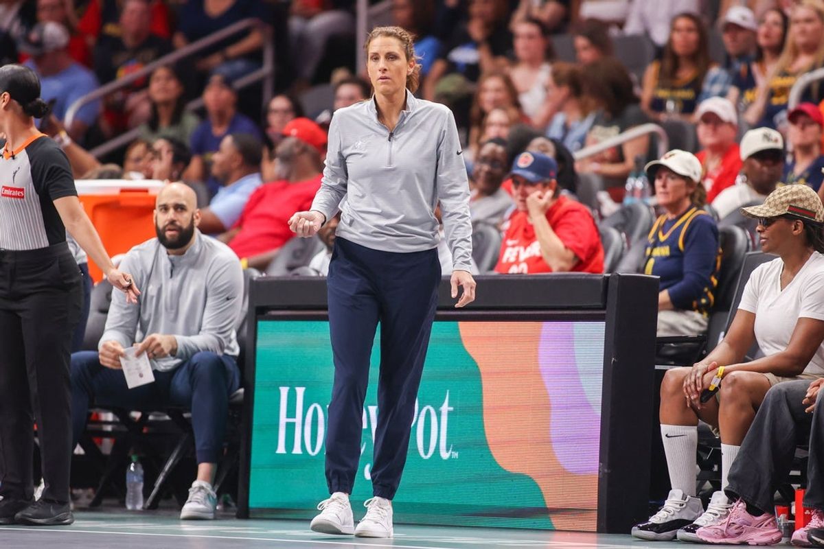 May 22, 2025; Atlanta, Georgia, USA; Indiana Fever head coach Stephanie White on the sideline against the Atlanta Dream in the first half at State Farm Arena. Mandatory Credit: Brett Davis-Imagn Images