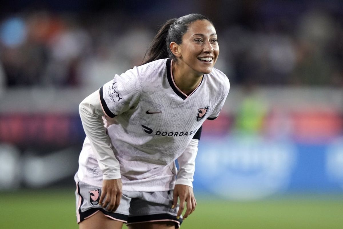 May 17, 2025; San Jose, California, USA; Angel City FC forward Christen Press (23) during the second half against Bay FC at PayPal Park. Mandatory Credit: Darren Yamashita-Imagn Images