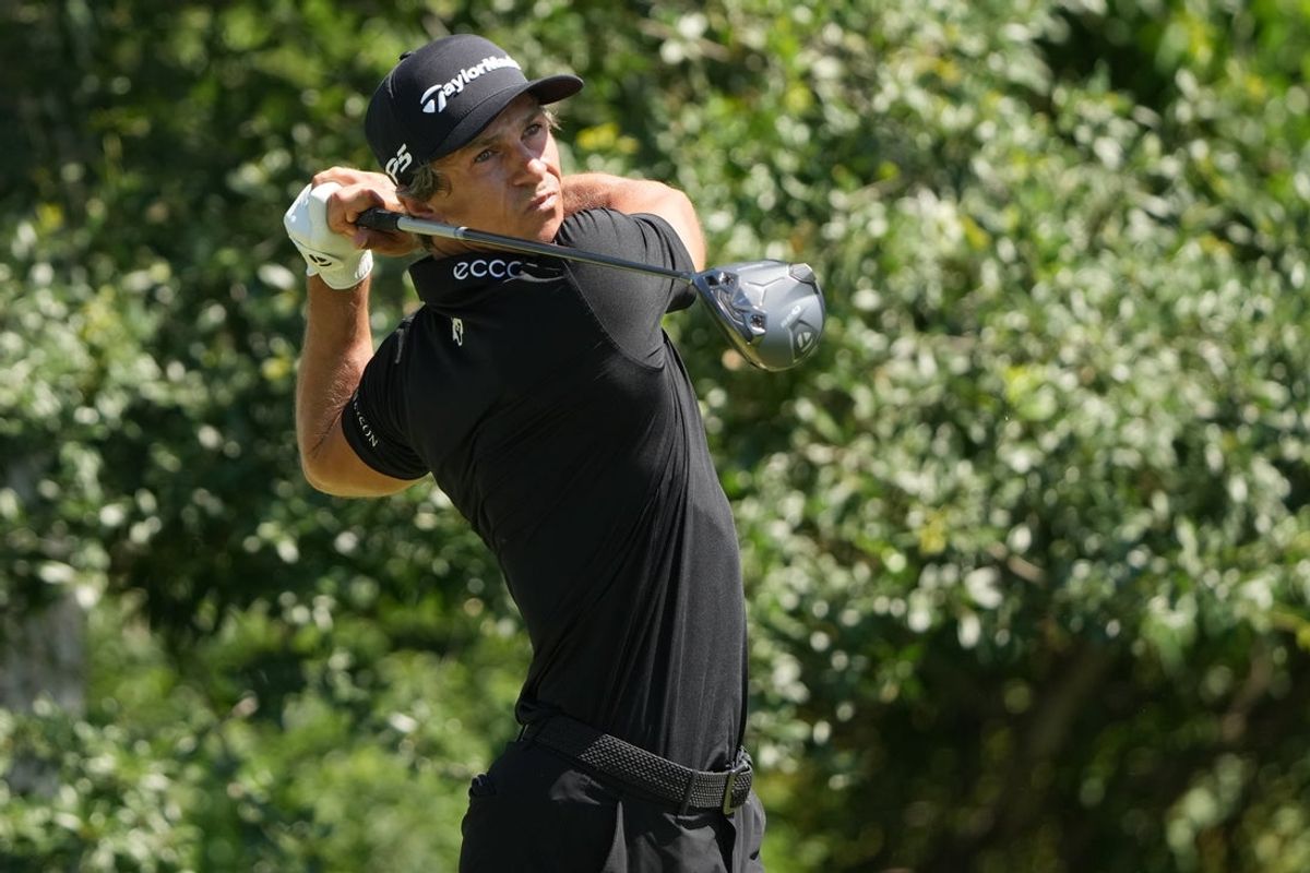 May 23, 2025; Fort Worth, Texas, USA; Thorbjorn Olesen plays his shot from the ninth tee during the second round of the Charles Schwab Challenge golf tournament. Mandatory Credit: Jim Cowsert-Imagn Images