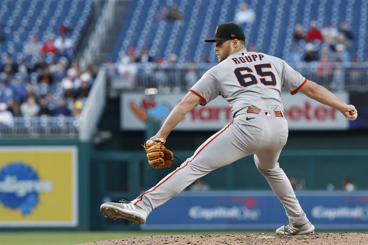 May 23, 2025; Washington, District of Columbia, USA; San Francisco Giants starting pitcher Landen Roupp (65) pitches against the Washington Nationals during the third inning at Nationals Park. Mandatory Credit: Geoff Burke-Imagn Images