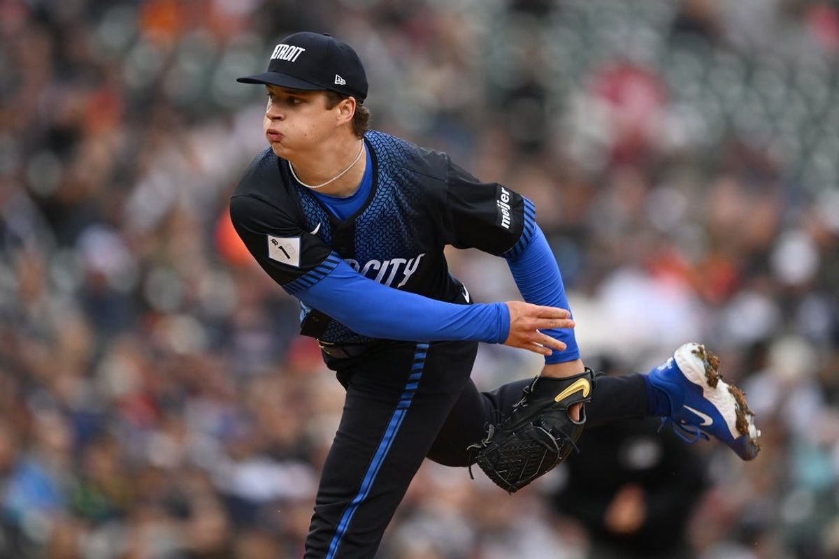 May 23, 2025; Detroit, Michigan, USA; Detroit Tigers starting pitcher Jackson Jobe (21) throws a pitch against the Cleveland Guardians in the first inning at Comerica Park. Mandatory Credit: Lon Horwedel-Imagn Images