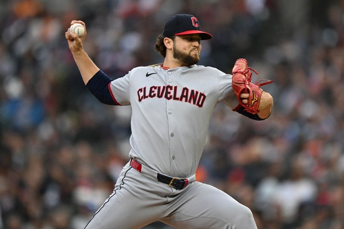 May 23, 2025; Detroit, Michigan, USA; Cleveland Guardians starting pitcher Slade Cecconi (44) throws a pitch against the Detroit Tigers in the second inning at Comerica Park. Mandatory Credit: Lon Horwedel-Imagn Images