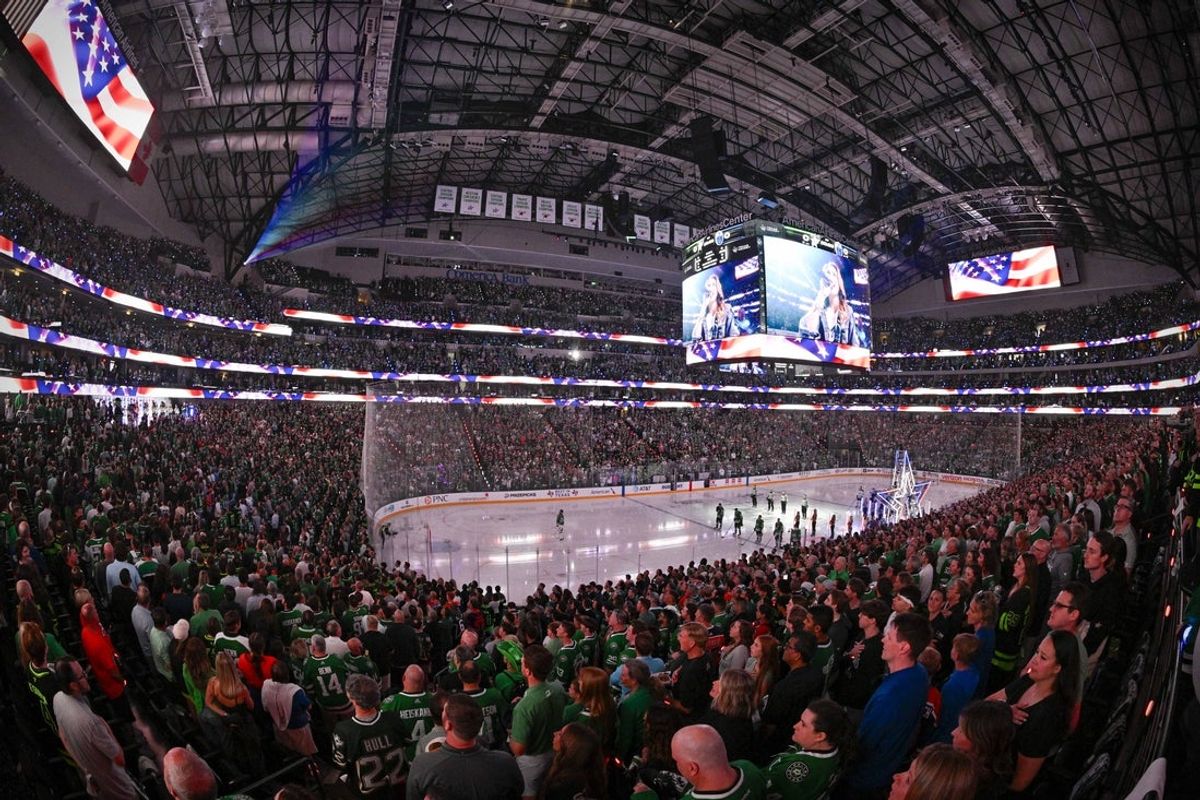 May 23, 2025; Dallas, Texas, USA; A view of the arena and fans during the playing of the United States national anthem before the game between the Dallas Stars and the Edmonton Oilers in  game two of the Western Conference Final of the 2025 Stanley Cup Playoffs at American Airlines Center. Mandatory Credit: Jerome Miron-Imagn Images