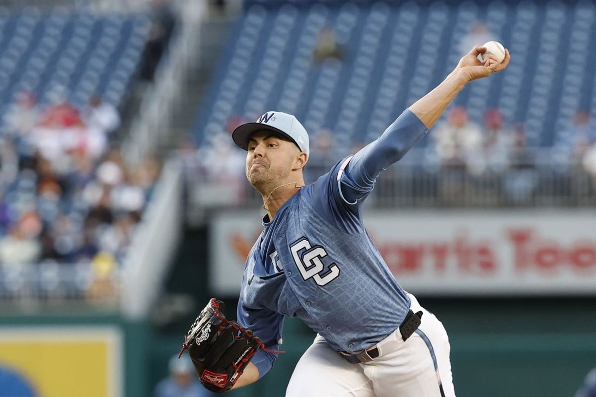 May 23, 2025; Washington, District of Columbia, USA; Washington Nationals starting pitcher MacKenzie Gore (1) pitches against the San Francisco Giants during the third inning at Nationals Park. Mandatory Credit: Geoff Burke-Imagn Images