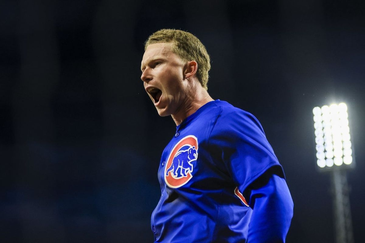 May 23, 2025; Cincinnati, Ohio, USA; Chicago Cubs outfielder Pete Crow-Armstrong (4) reacts after hitting a grand slam in the seventh inning against the Cincinnati Reds at Great American Ball Park. Mandatory Credit: Katie Stratman-Imagn Images