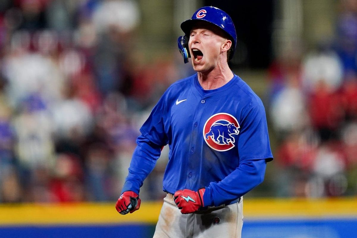 Chicago Cubs outfielder Pete Crow-Armstrong (4) celebrates while running the bases after scoring a homer in the seventh inning of the MLB National League game between the Cincinnati Reds and Chicago Cubs, Friday, May 23, 2025, at Great American Ball Park in Downtown Cincinnati.