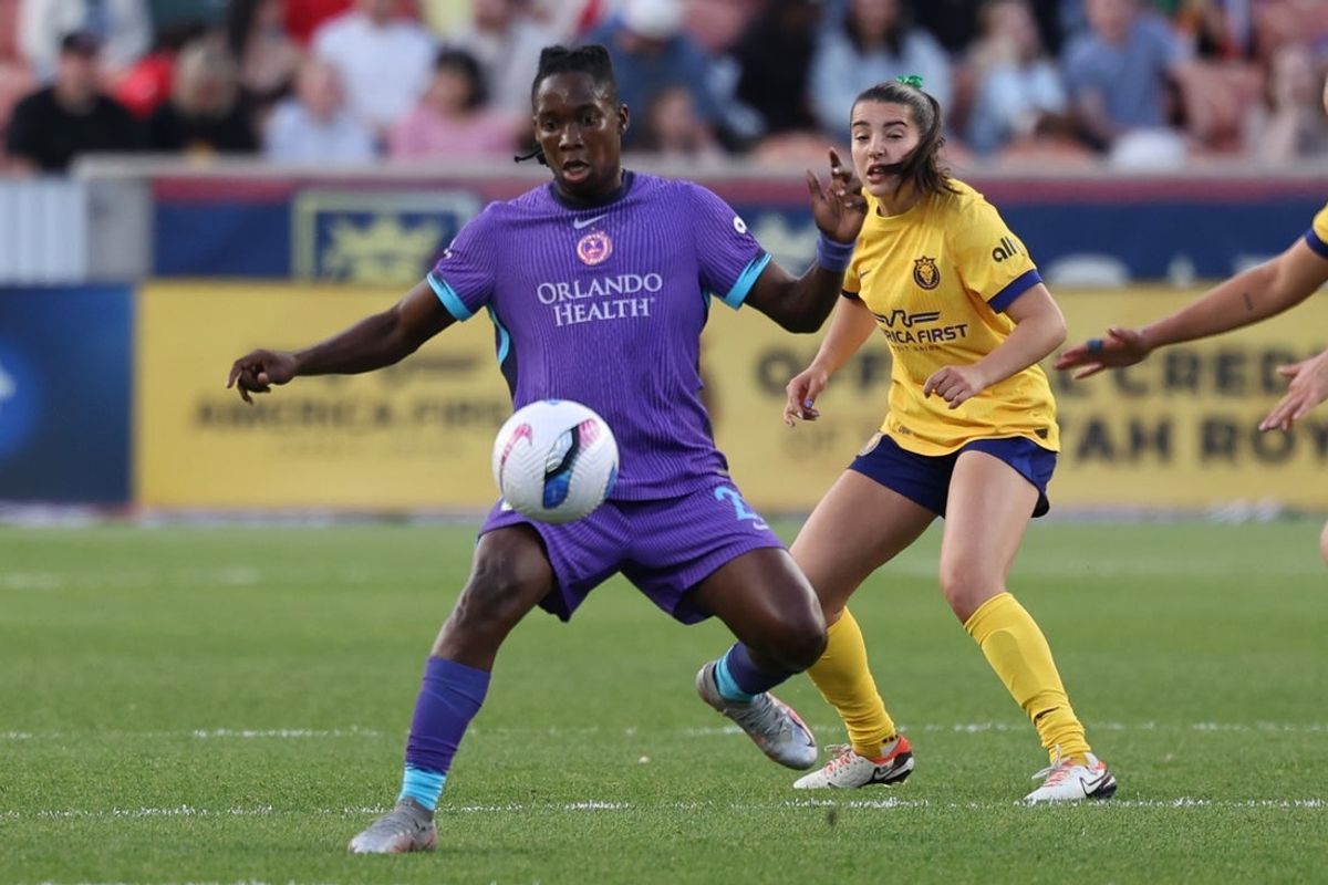 May 23, 2025; Sandy, Utah, USA; Orlando Pride forward Barbra Banda (22) traps the ball during the first half of the game against the Utah Royals FC at America First Field. Mandatory Credit: Rob Gray-Imagn Images