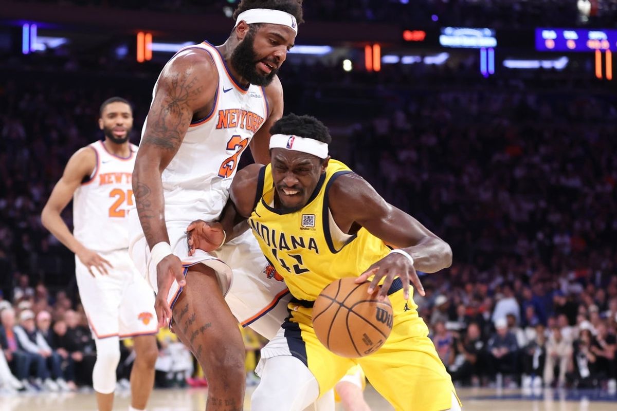 May 23, 2025; New York, New York, USA; Indiana Pacers forward Pascal Siakam (43) controls the ball against New York Knicks center Mitchell Robinson (23) in the first half during game two of the eastern conference finals for the 2025 NBA Playoffs at Madison Square Garden. Mandatory Credit: Wendell Cruz-Imagn Images