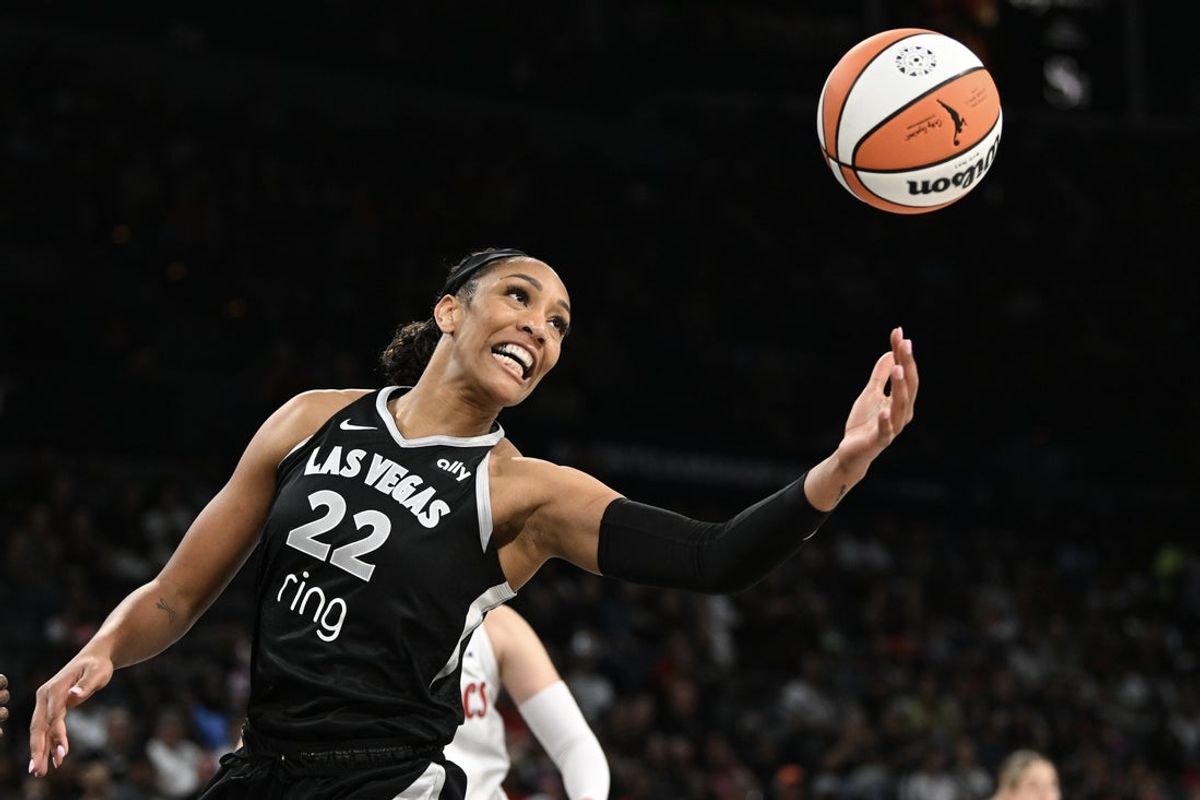 May 23, 2025; Las Vegas, Nevada, USA; Las Vegas Aces center A'ja Wilson (22) grabs a rebound against the Washington Mystics in the first quarter of their game at Michelob Ultra Arena. Mandatory Credit: Candice Ward-Imagn Images