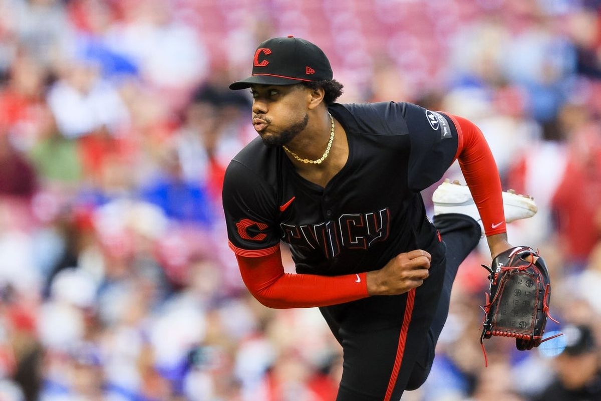 May 23, 2025; Cincinnati, Ohio, USA; Cincinnati Reds starting pitcher Hunter Greene (21) pitches against the Chicago Cubs in the second inning at Great American Ball Park. Mandatory Credit: Katie Stratman-Imagn Images