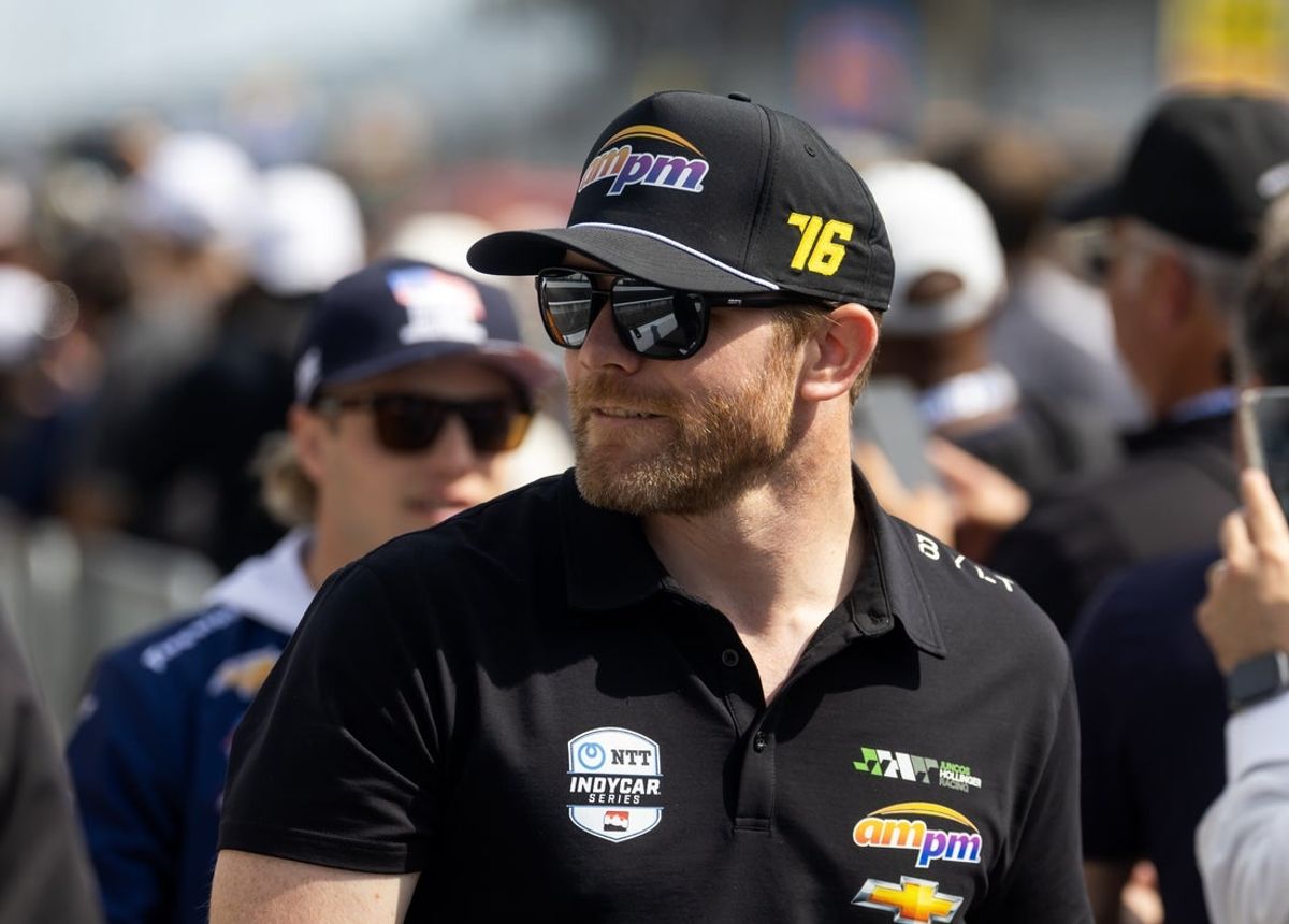 May 24, 2025; Indianapolis, IN, USA; IndyCar Series driver Conor Daly at the Indianapolis 500 drivers meeting during Legends Day at Indianapolis Motor Speedway. Mandatory Credit: Mark J. Rebilas-Imagn Images