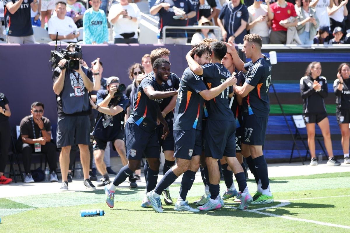 May 24, 2025; San Diego, California, USA; San Diego FC midfielder Luca de la Torre (14) scores a goal against the LA Galaxy during the first half at Snapdragon Stadium. Mandatory Credit: Abe Arredondo-Imagn Images