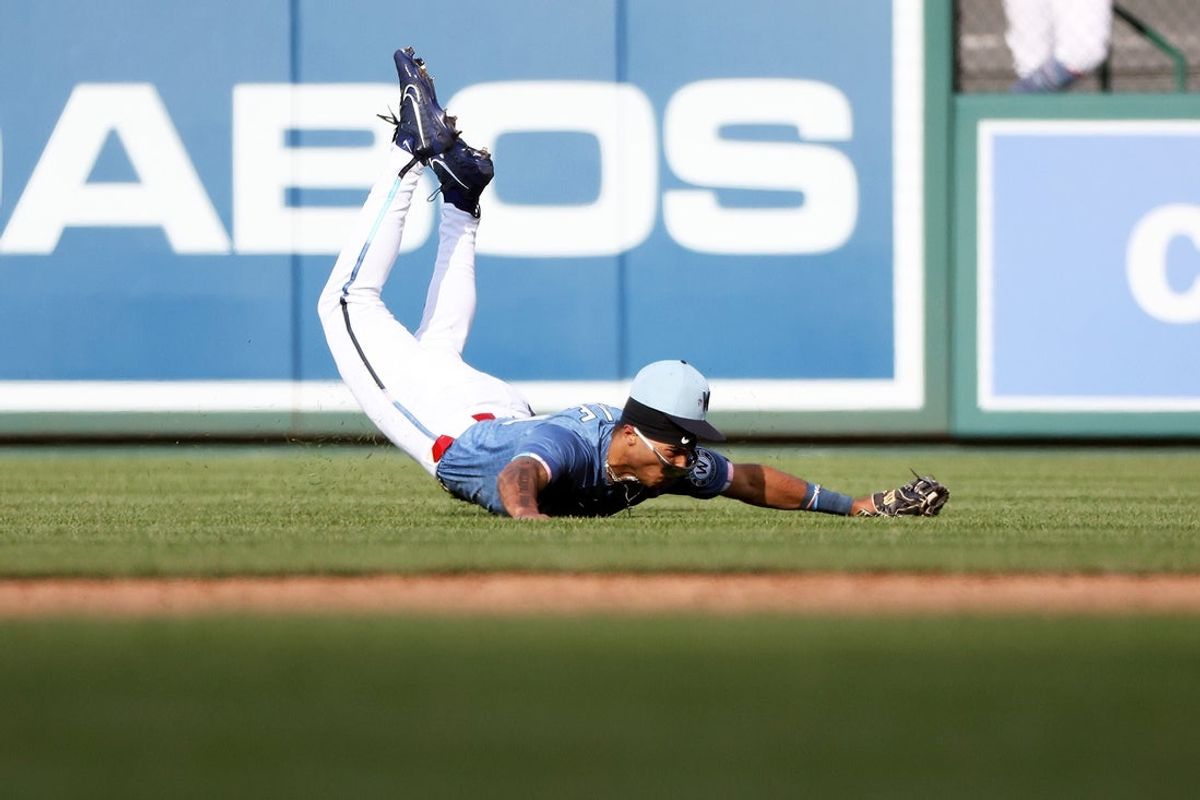 May 24, 2025; Washington, District of Columbia, USA; Washington Nationals outfielder Daylen Lile (51) makes a catch for an out during the ninth inning against the San Francisco Giants at Nationals Park. Mandatory Credit: Daniel Kucin Jr.-Imagn Images