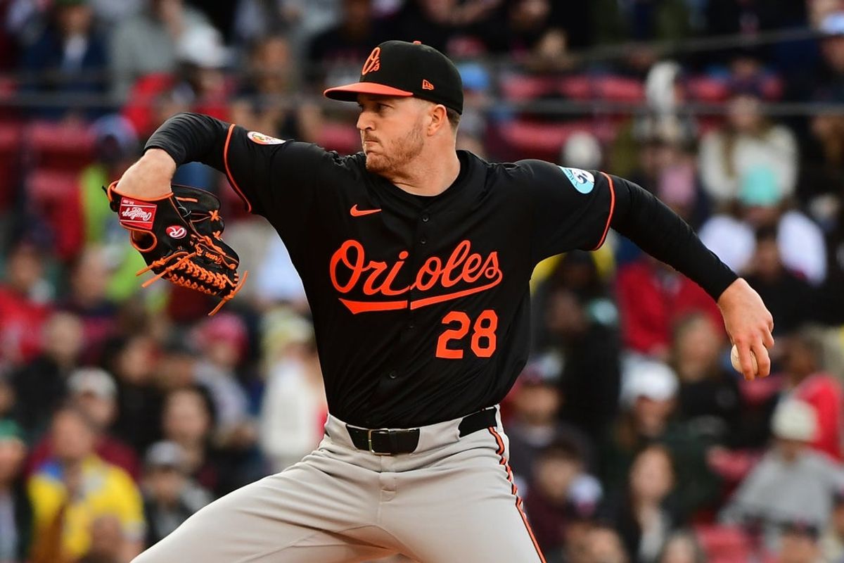 May 24, 2025; Boston, Massachusetts, USA;  Baltimore Orioles starting pitcher Trevor Rogers (28) pitches during the first inning against the Boston Red Sox at Fenway Park. Mandatory Credit: Bob DeChiara-Imagn Images