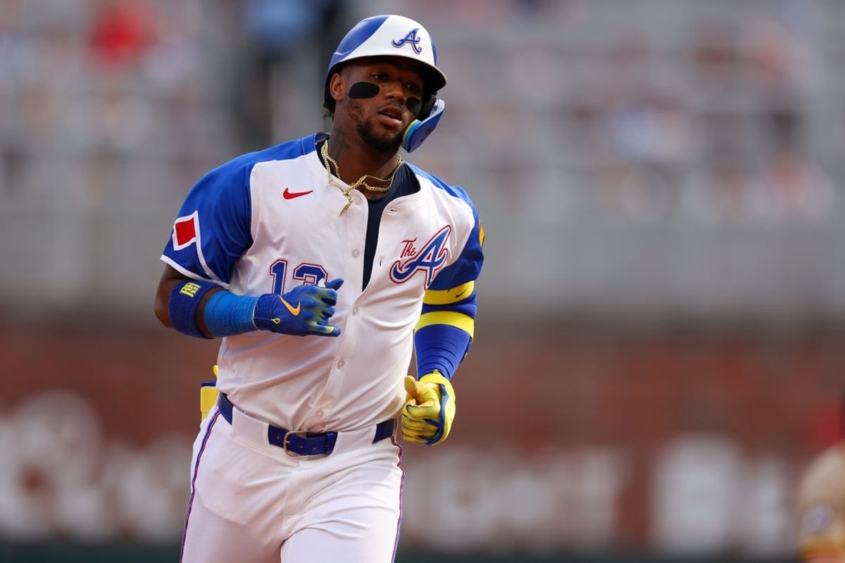 May 24, 2025; Atlanta, Georgia, USA; Atlanta Braves right fielder Ronald Acuna Jr. (13) celebrates after a two-run home run against the San Diego Padres in the sixth inning at Truist Park. Mandatory Credit: Brett Davis-Imagn Images