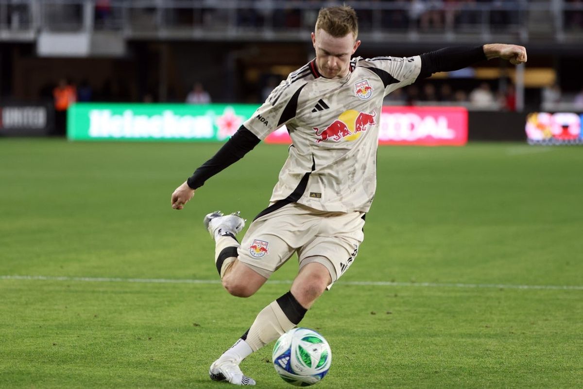 May 24, 2025; Washington, District of Columbia, USA; New York Red Bulls forward Cameron Harper (17) scores a goal during the first half against the D.C. United at Audi Field. Mandatory Credit: Daniel Kucin Jr.-Imagn Images