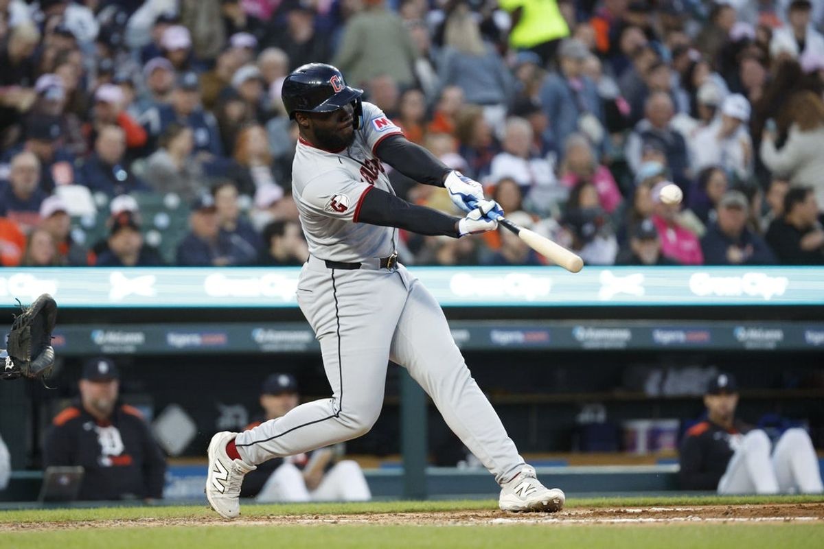 May 24, 2025; Detroit, Michigan, USA; Cleveland Guardians outfielder Jhonkensy Noel (43) hits during an at bat in the fifth inning against the Detroit Tigers at Comerica Park. Mandatory Credit: Brian Bradshaw Sevald-Imagn Images