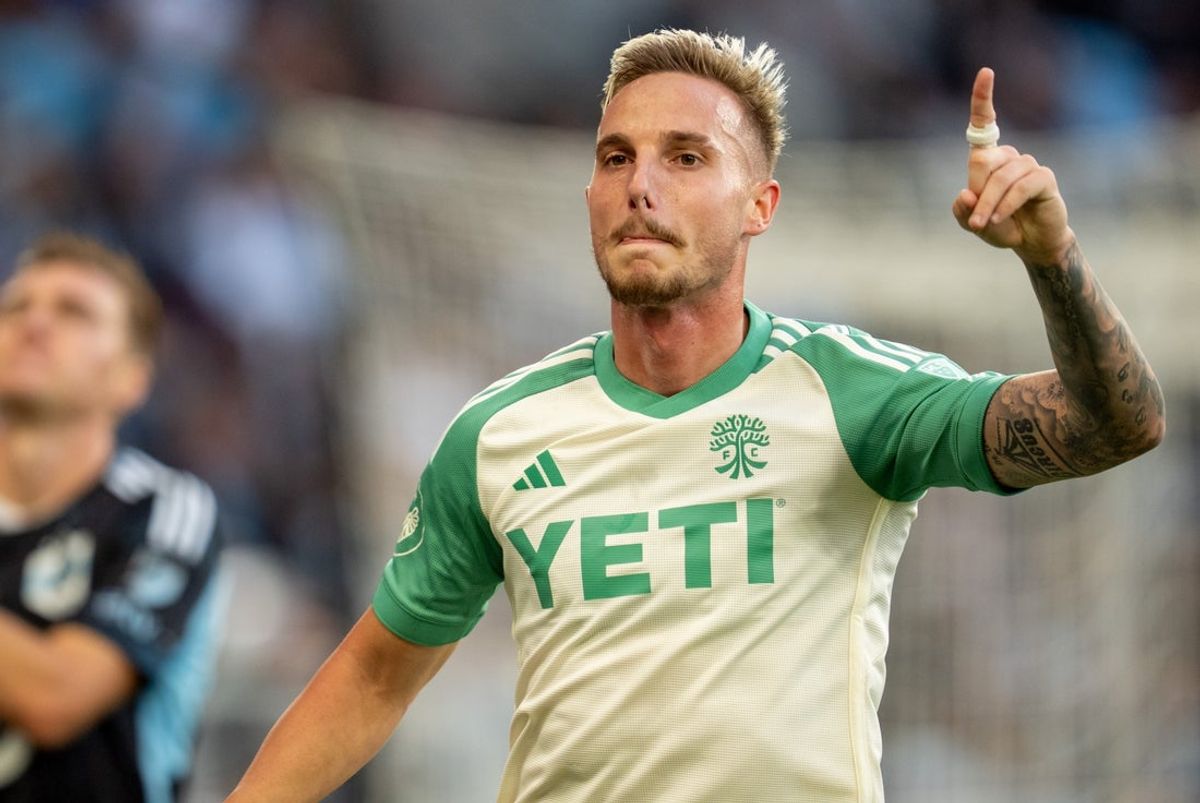 May 24, 2025; Saint Paul, Minnesota, USA; Austin FC defender Zan Kolmanic (23) celebrates a goal in the first half against Minnesota United at Allianz Field. Mandatory Credit: Matt Blewett-Imagn Images