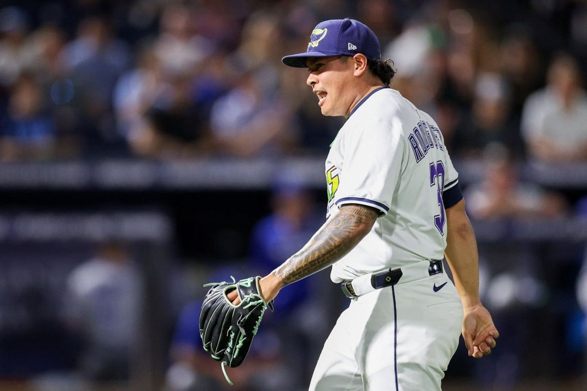 May 24, 2025; Tampa, Florida, USA; Tampa Bay Rays pitcher Manuel Rodriguez (39) reacts after pitching against the Toronto Blue Jays in the eighth inning  at George M. Steinbrenner Field. Mandatory Credit: Nathan Ray Seebeck-Imagn Images