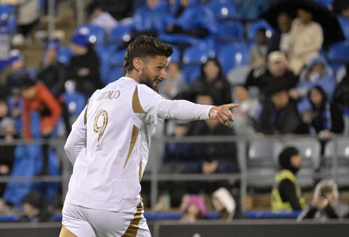 May 24, 2025; Montreal, Province of Quebec, CAN; LAFC forward Olivier Giroud (9) celebrates after scoring a goal against CF Montreal during the second half at Saputo Stadium. Mandatory Credit: Eric Bolte-Imagn Images