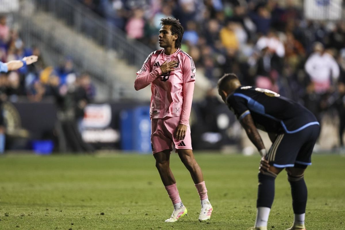 May 24, 2025; Chester, Pennsylvania, USA; Inter Miami midfielder Telasco Segovia (8) celebrates after scoring a goal against the Philadelphia Union during the second half at Subaru Park. Mandatory Credit: Caean Couto-Imagn Images