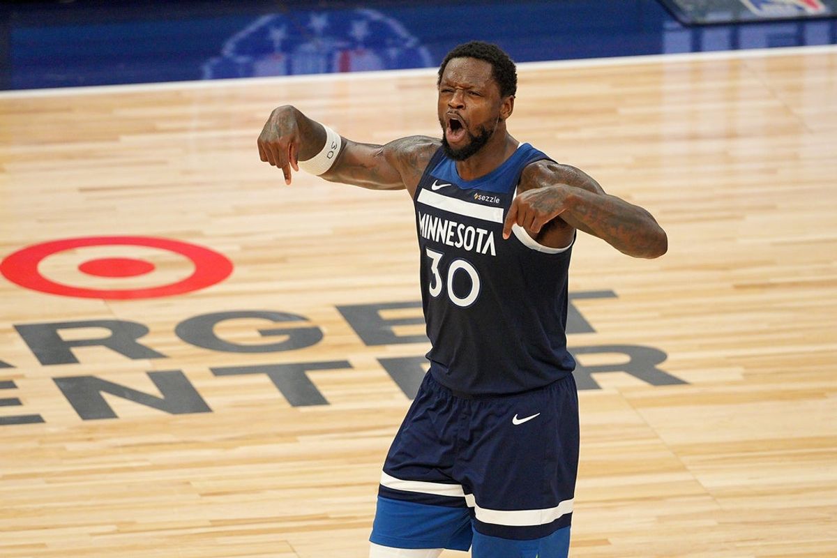 May 24, 2025; Minneapolis, Minnesota, USA; Minnesota Timberwolves forward Julius Randle (30) reacts against the Oklahoma City Thunder during the second half in game three of the western conference finals for the 2025 NBA Playoffs at Target Center. Mandatory Credit: Brad Rempel-Imagn Images