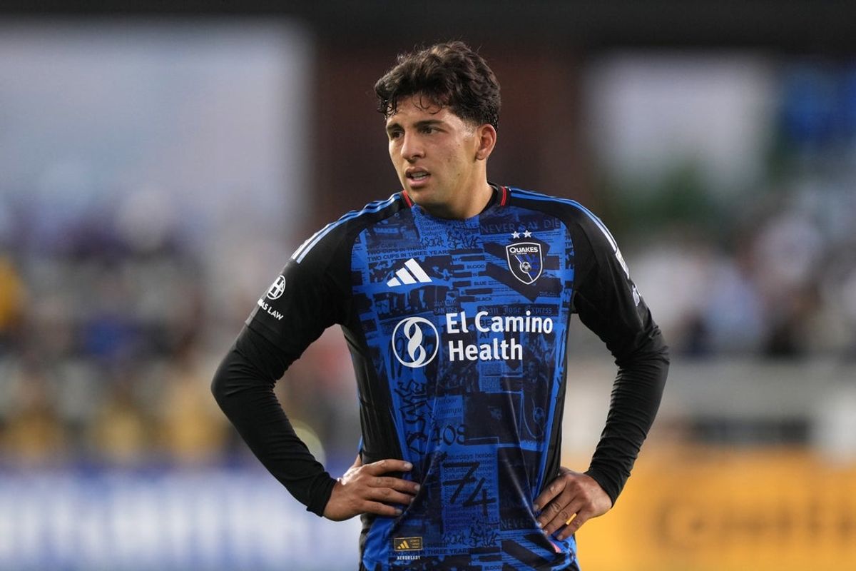 May 20, 2025; San Jose, California, USA; San Jose Earthquakes midfielder Hernan Lopez (23) during the first half against the Portland Timbers at PayPal Park. Mandatory Credit: Darren Yamashita-Imagn Images