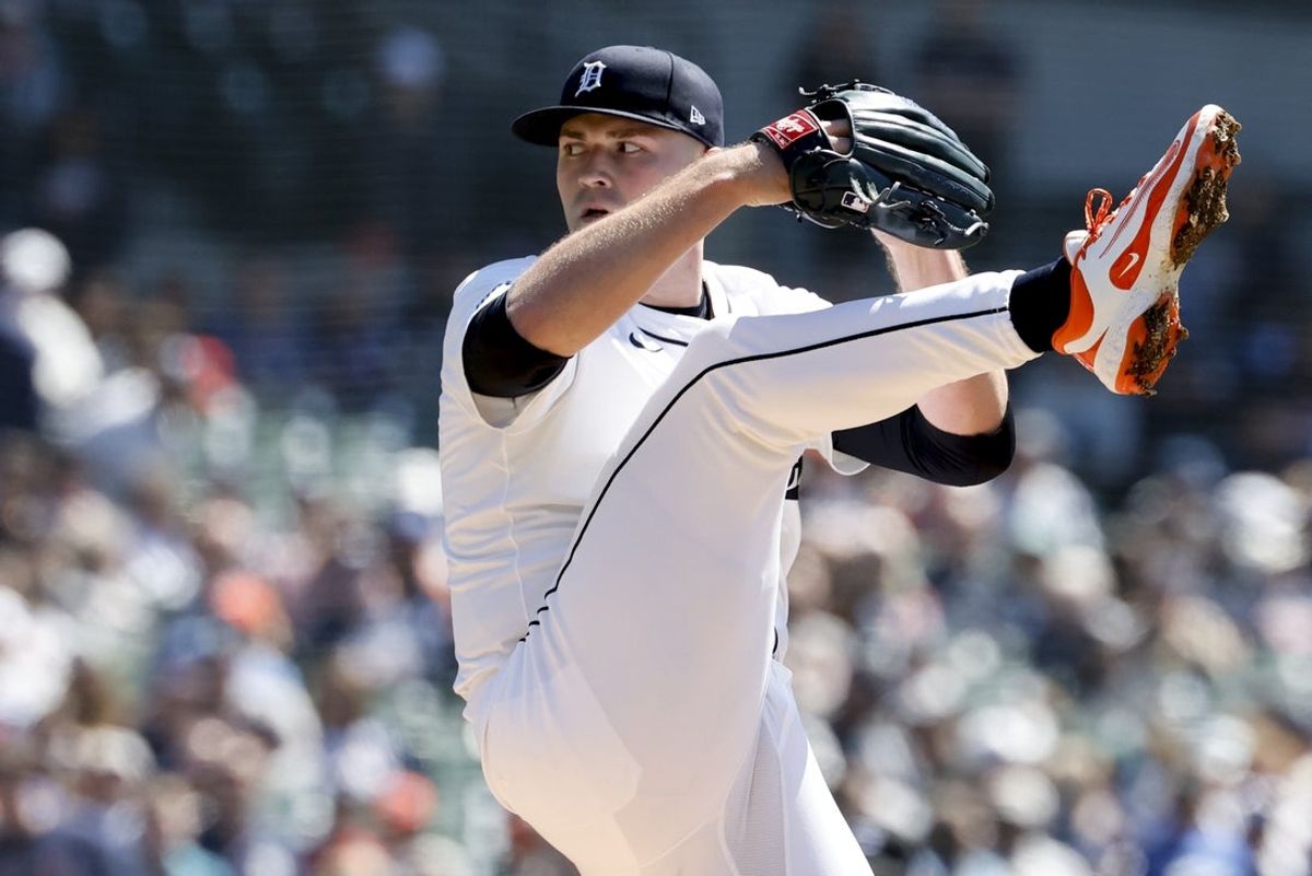 May 25, 2025; Detroit, Michigan, USA;  Detroit Tigers pitcher Tarik Skubal (29) pitches first inning against the Cleveland Guardians at Comerica Park. Mandatory Credit: Rick Osentoski-Imagn Images
