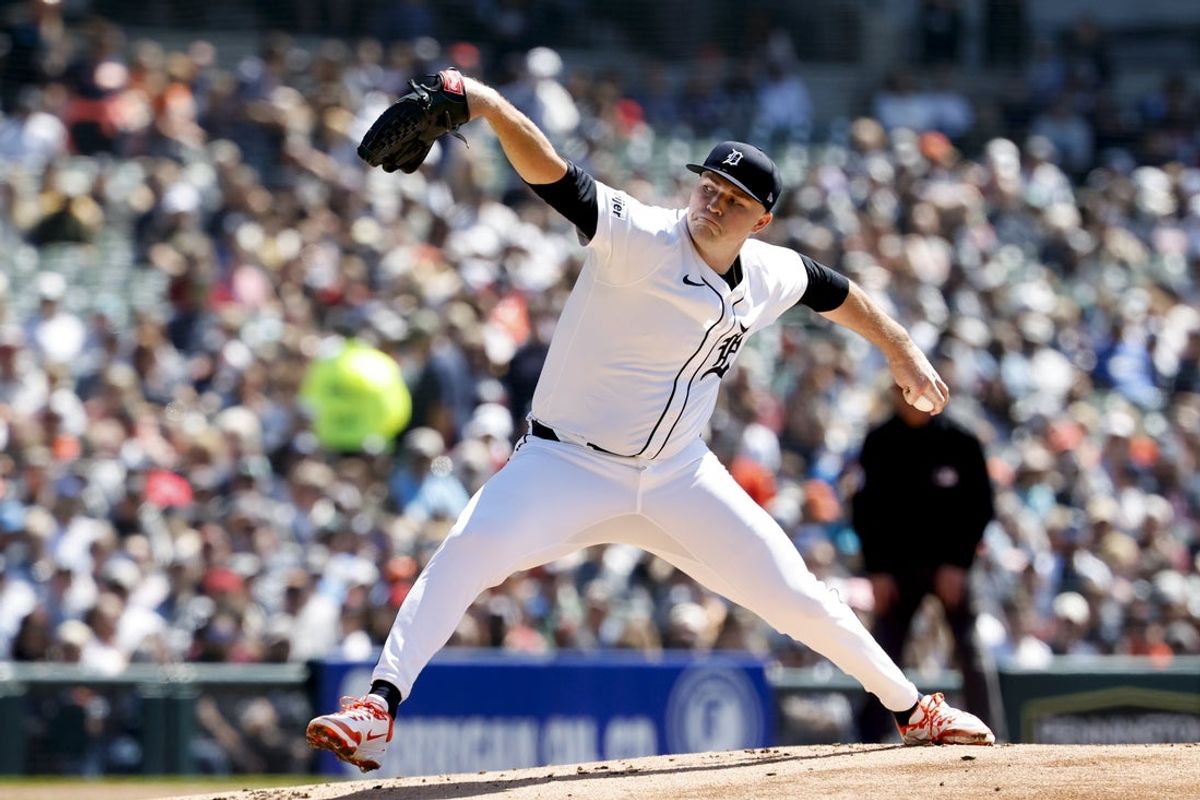 May 25, 2025; Detroit, Michigan, USA;  Detroit Tigers pitcher Tarik Skubal (29) pitches first inning against the Cleveland Guardians at Comerica Park. Mandatory Credit: Rick Osentoski-Imagn Images