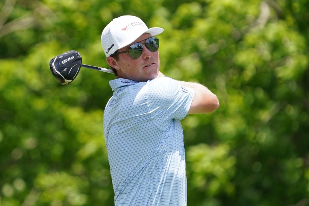 May 25, 2025; Fort Worth, Texas, USA; Ben Griffin plays his shot from the sixth tee during the final round of the Charles Schwab Challenge golf tournament. Mandatory Credit: Raymond Carlin III-Imagn Images