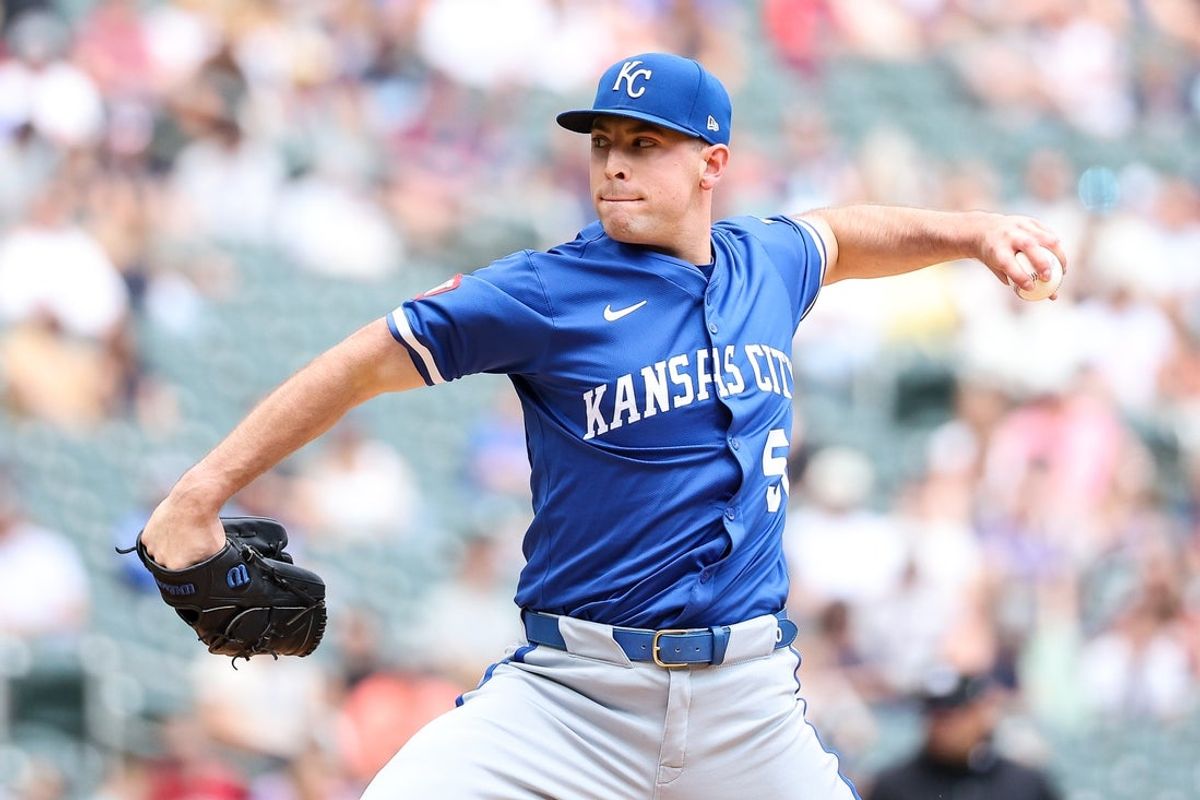 May 25, 2025; Minneapolis, Minnesota, USA; Kansas City Royals starting pitcher Kris Bubic (50) delivers a pitch against the Minnesota Twins during the first inning at Target Field. Mandatory Credit: Matt Krohn-Imagn Images