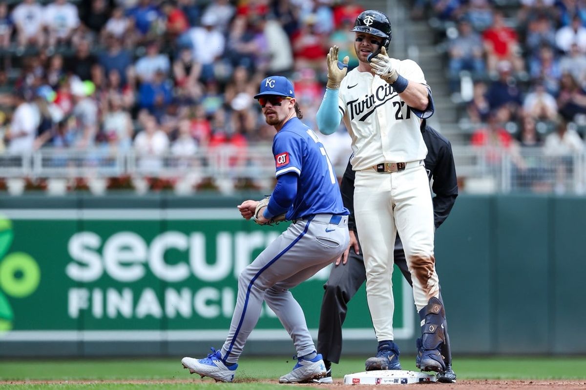May 25, 2025; Minneapolis, Minnesota, USA; Minnesota Twins catcher Ryan Jeffers (27) celebrates his double against the Kansas City Royals during the first inning at Target Field. Mandatory Credit: Matt Krohn-Imagn Images