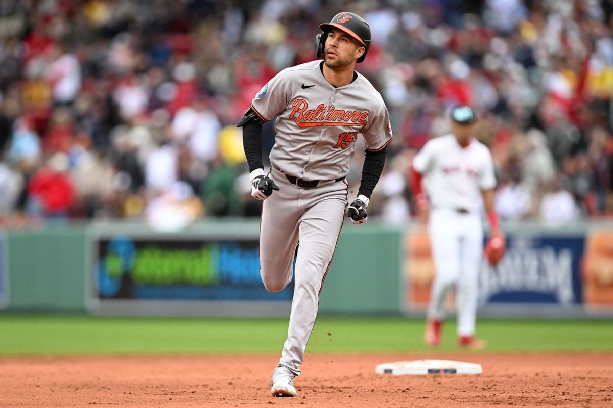 May 25, 2025; Boston, Massachusetts, USA; Baltimore Orioles Dylan Carlson (15) runs the bases after hitting a solo home run against the Boston Red Sox during the fifth inning at Fenway Park. Mandatory Credit: Brian Fluharty-Imagn Images