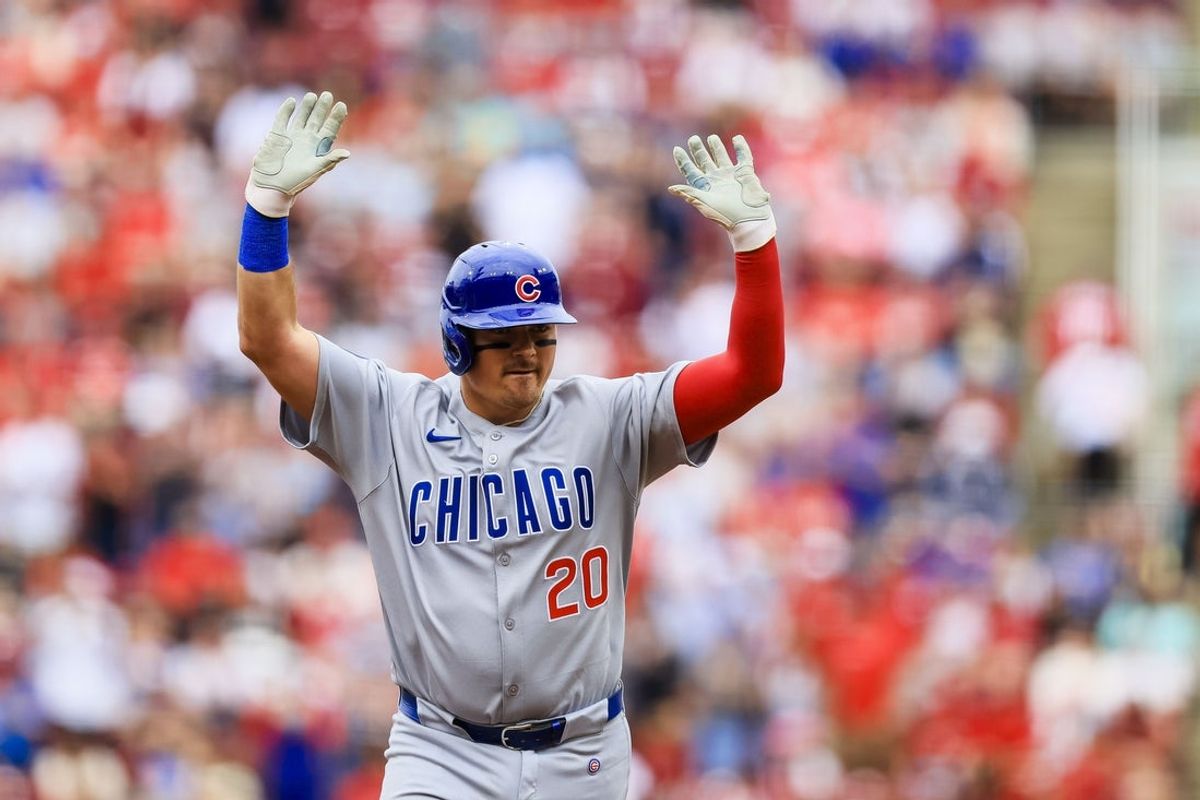 May 25, 2025; Cincinnati, Ohio, USA; Chicago Cubs catcher Reese McGuire (20) reacts after hitting a solo home run in the second inning against the Cincinnati Reds at Great American Ball Park. Mandatory Credit: Katie Stratman-Imagn Images