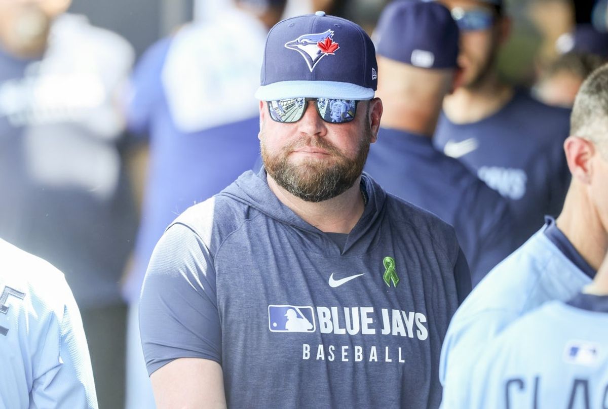 May 25, 2025; St. Petersburg, Florida, USA;  Toronto Blue Jays manager John Schneider (14) looks on against the Tampa Bay Rays during the second inning at George M. Steinbrenner Field. Mandatory Credit: Kim Klement Neitzel-Imagn Images