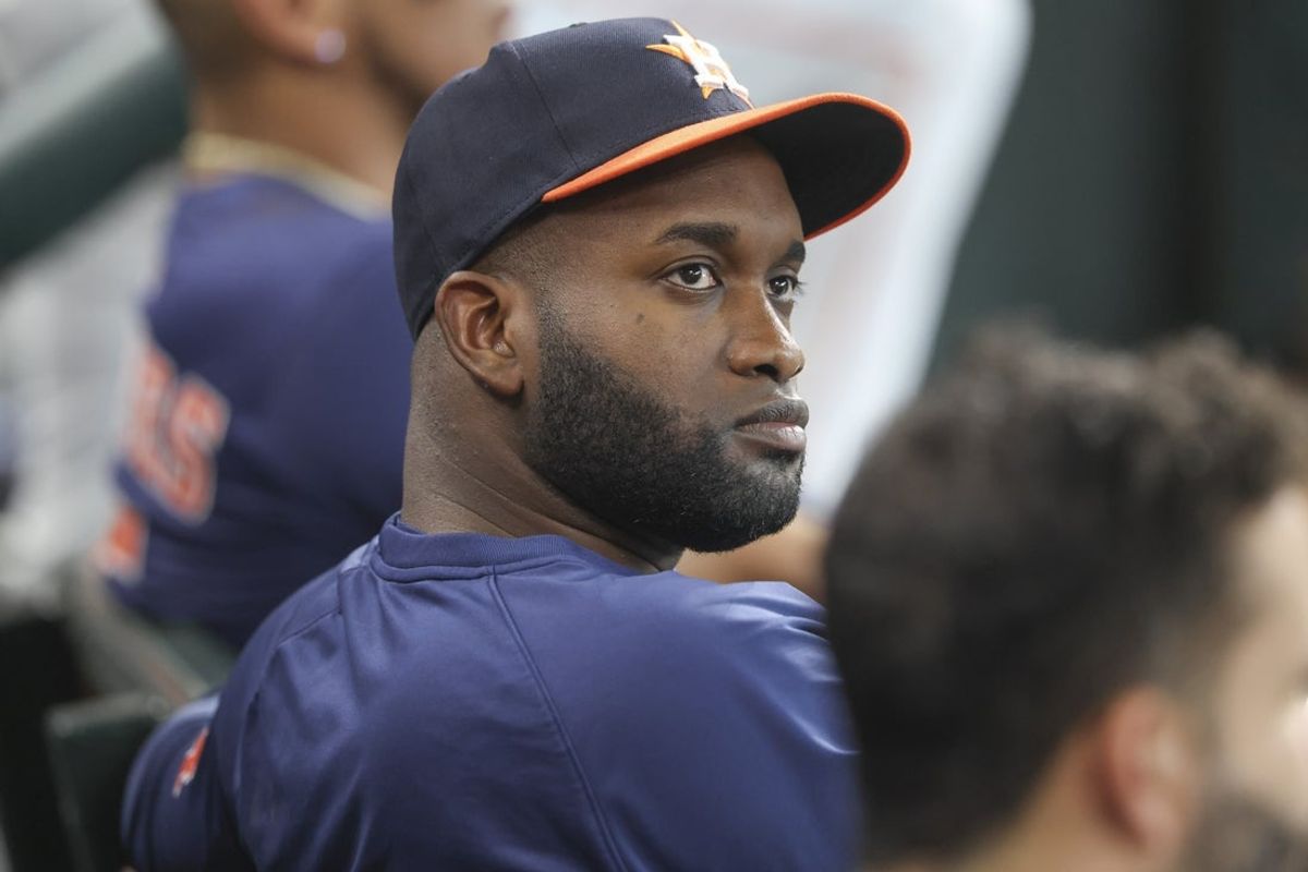 May 25, 2025; Houston, Texas, USA; Houston Astros designated hitter Yordan Alvarez looks on from the dugout during the game against the Seattle Mariners at Daikin Park. Mandatory Credit: Troy Taormina-Imagn Images