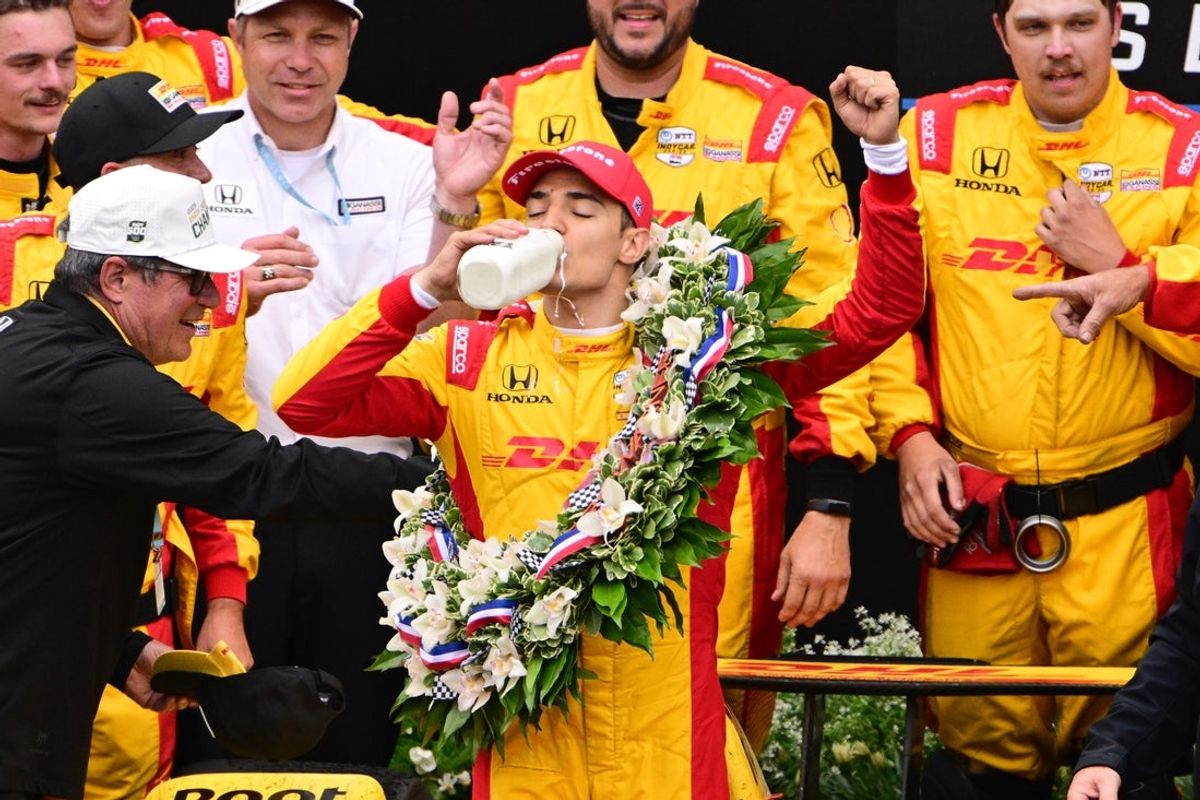 May 25, 2025; Indianapolis, Indiana, USA; Chip Ganassi Racing driver Alex Palou (10) of Spain celebrates in the winner's circle after winning the 109th Running of the Indianapolis 500 at Indianapolis Motor Speedway. Mandatory Credit: Marc Lebryk-Imagn Images
