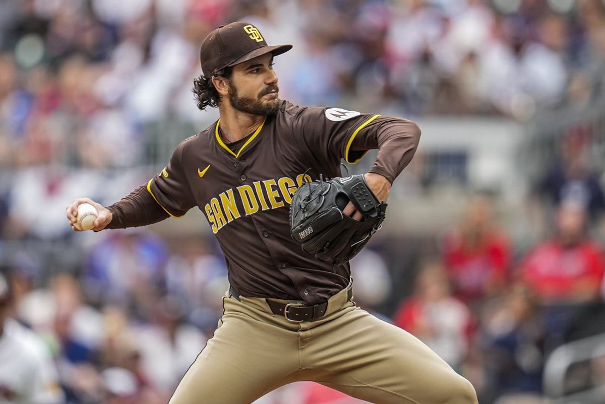 May 25, 2025; Cumberland, Georgia, USA; San Diego Padres starting pitcher Dylan Cease (84) pitches against the Atlanta Braves during the first inning at Truist Park. Mandatory Credit: Dale Zanine-Imagn Images