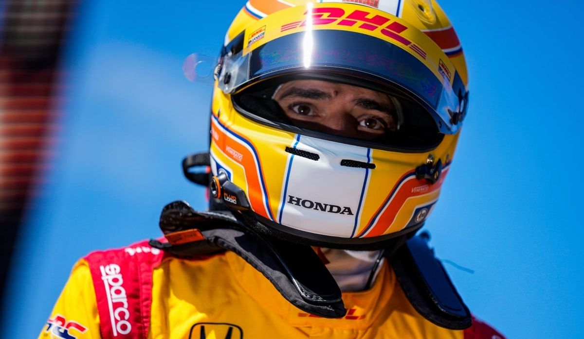 Chip Ganassi Racing driver Alex Palou (10) climbs into his car Sunday, May 18, 2025, during Top 12 qualifying for the 109th running of the Indianapolis 500 at Indianapolis Motor Speedway.