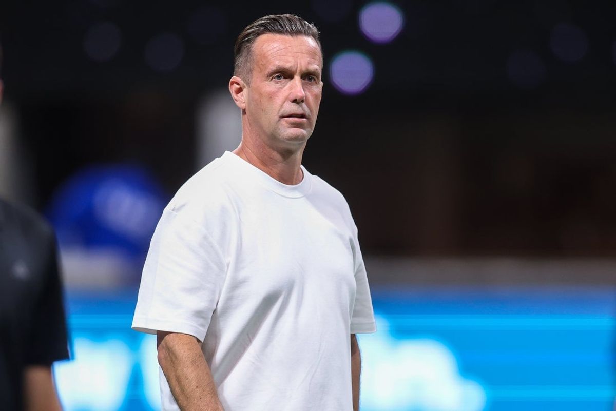 May 25, 2025; Atlanta, Georgia, USA; Atlanta United head coach Ronny Deila walks on the pitch before a match against FC Cincinnati at Mercedes-Benz Stadium. Mandatory Credit: Brett Davis-Imagn Images