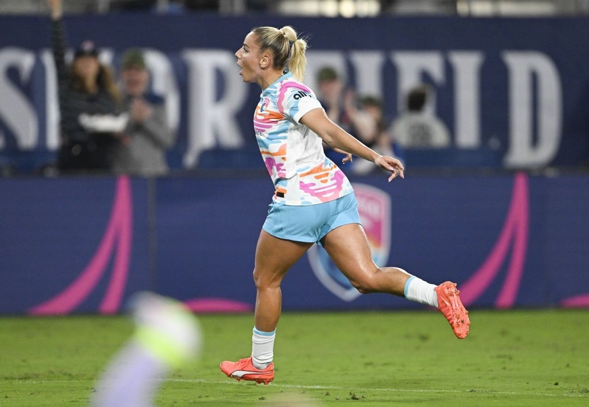 May 25, 2025; San Diego, California, USA; San Diego Wave FC forward Adriana Leon (9) celebrates after scoring during the first half against the North Carolina Courage Snapdragon Stadium. Mandatory Credit: Denis Poroy-Imagn Images
