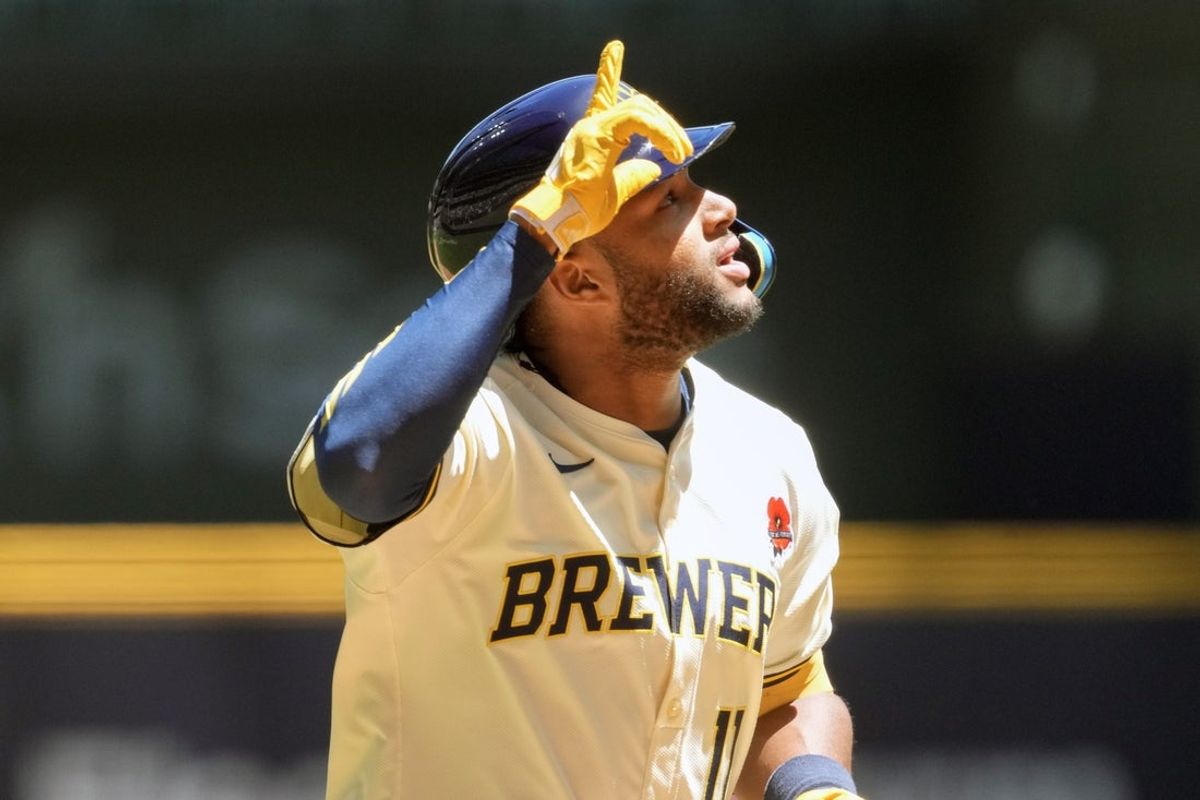 May 26, 2025; Milwaukee, Wisconsin, USA;  Milwaukee Brewers left fielder Jackson Chourio (11) reacts after hitting a home run during the first inning against the Boston Red Sox at American Family Field. Mandatory Credit: Jeff Hanisch-Imagn Images