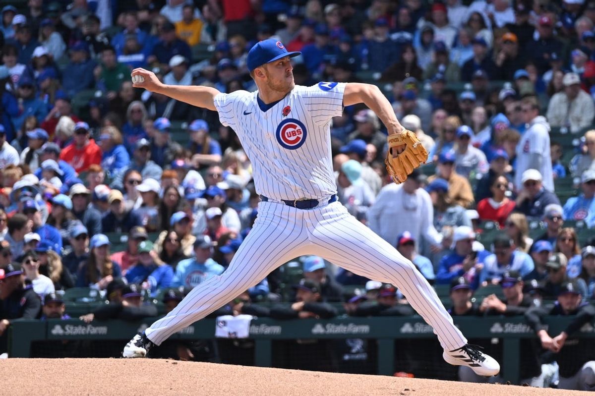 May 26, 2025; Chicago, Illinois, USA; Chicago Cubs starting pitcher Jameson Taillon (50) pitches during the first inning against the Colorado Rockies at Wrigley Field. Mandatory Credit: Patrick Gorski-Imagn Images
