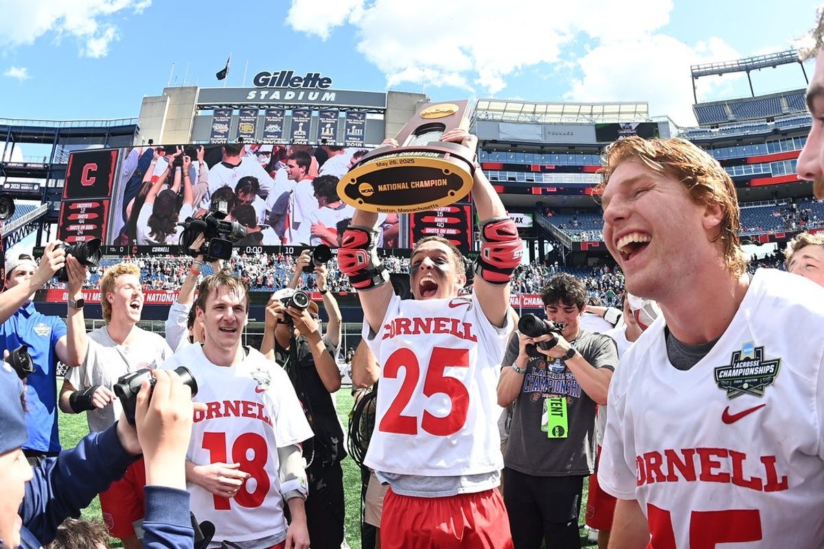 May 26, 2025; Foxborough, MA, USA; Cornell's Michael Melkonian (25) celebrates defeating the Maryland Terrapins to win the NCAA Division I Mens Lacrosse Championship at Gillette Stadium. Mandatory Credit: Eric Canha-Imagn Images