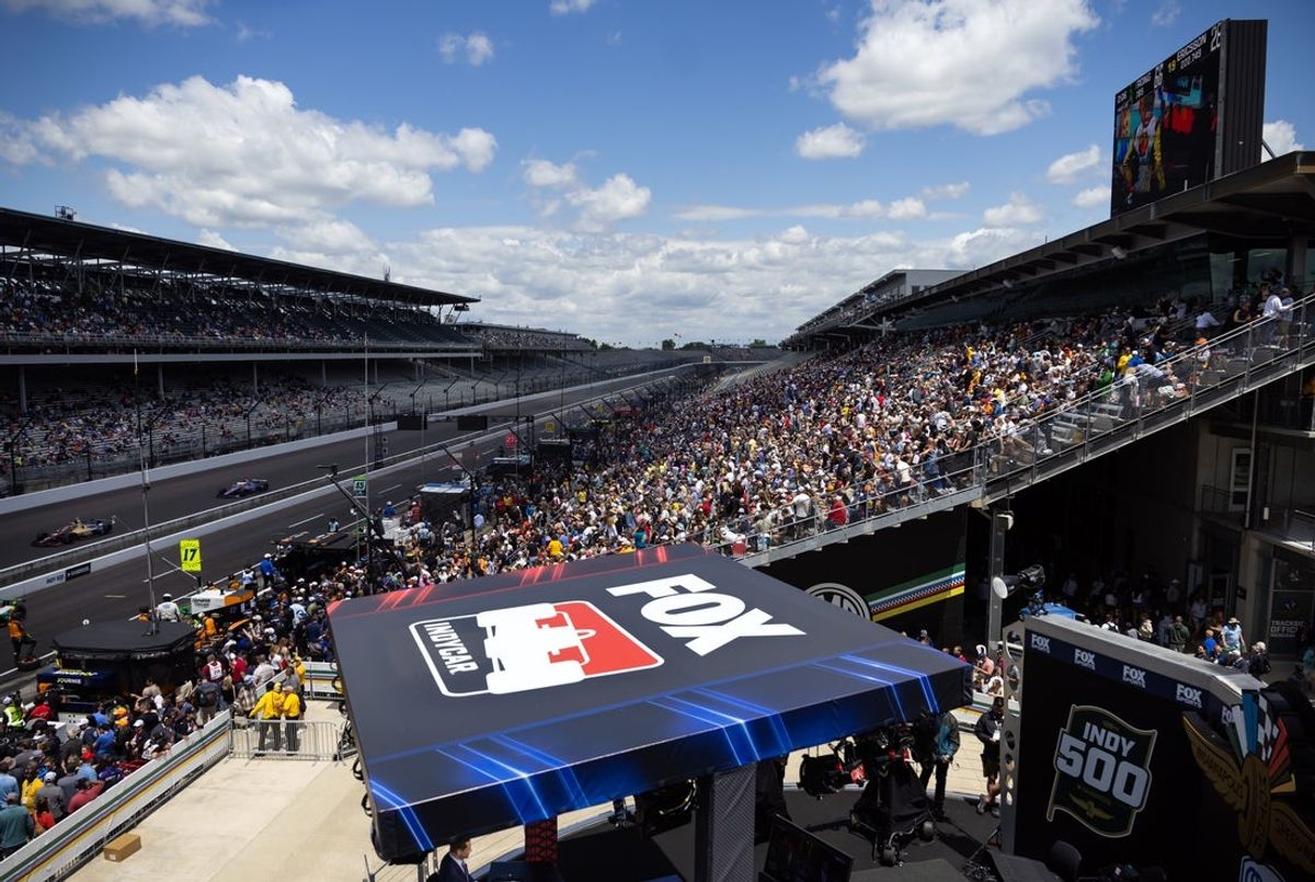 May 23, 2025; Indianapolis, IN, USA; General view of an IndyCar on Fox logo with fans in the main grandstands during final practice on Carb Day for the Indianapolis 500 at Indianapolis Motor Speedway. Mandatory Credit: Mark J. Rebilas-Imagn Images