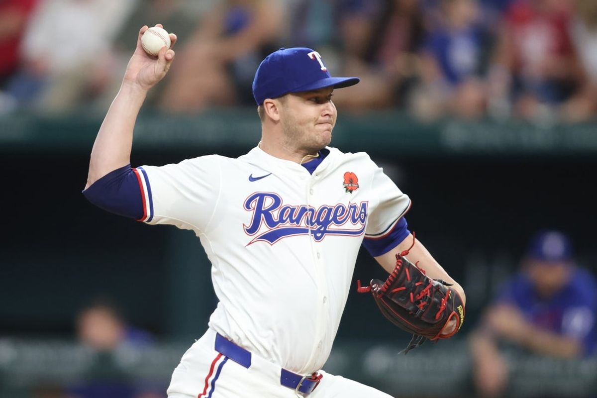 May 26, 2025; Arlington, Texas, USA; Texas Rangers pitcher Jacob Webb (71) throws a pitch during the sixth inning against the Toronto Blue Jays at Globe Life Field. Mandatory Credit: Tim Heitman-Imagn Images