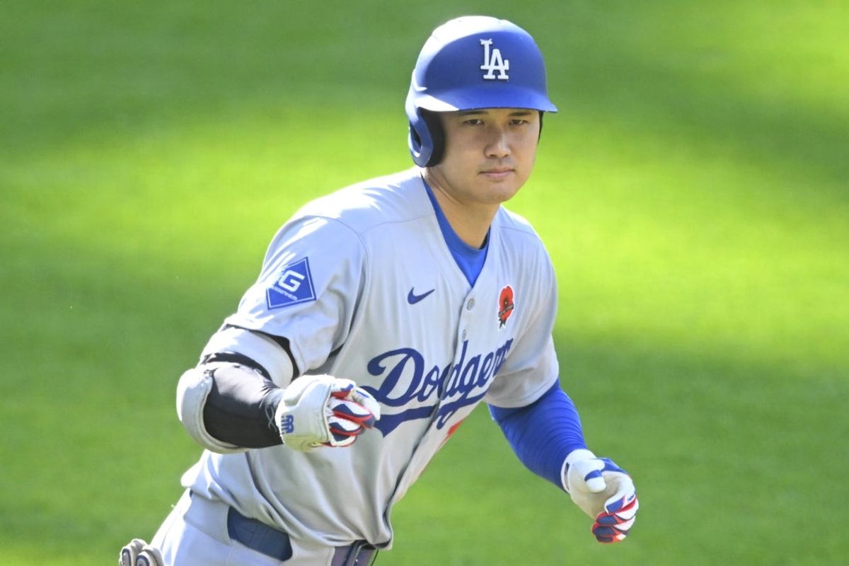 May 26, 2025; Cleveland, Ohio, USA; Los Angeles Dodgers designated hitter Shohei Ohtani (17) celebrates his solo home run in the first inning against the Cleveland Guardians at Progressive Field. Mandatory Credit: David Richard-Imagn Images