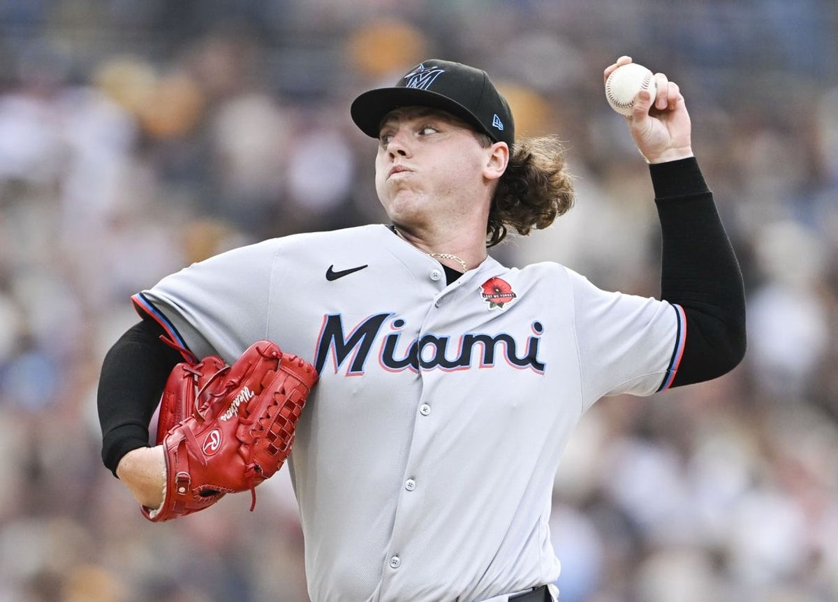 May 26, 2025; San Diego, California, USA; Miami Marlins starting pitcher Ryan Weathers (35) delivers during the first inning against the San Diego Padres at Petco Park. Mandatory Credit: Denis Poroy-Imagn Images
