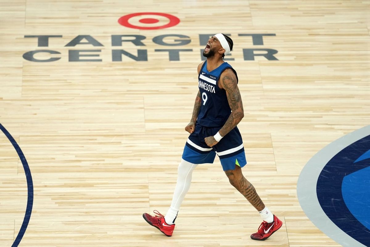 May 26, 2025; Minneapolis, Minnesota, USA; Minnesota Timberwolves guard Nickeil Alexander-Walker (9) reacts against the Oklahoma City Thunder in the second half during game four of the western conference finals for the 2025 NBA Playoffs at Target Center. Mandatory Credit: Jesse Johnson-Imagn Images