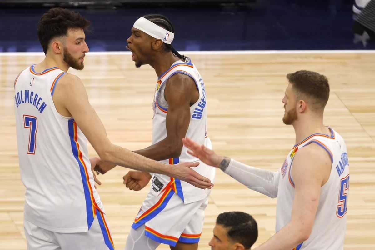 May 26, 2025; Minneapolis, Minnesota, USA; Oklahoma City Thunder forward Chet Holmgren (7), guard Shai Gilgeous-Alexander (2) and center Isaiah Hartenstein (55) react after defeating the Minnesota Timberwolves in  game four of the western conference finals for the 2025 NBA Playoffs at Target Center. Mandatory Credit: Bruce Kluckhohn-Imagn Images